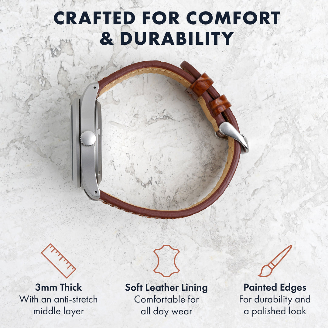 Brown leather watch strap with silver clasp on a light gray background, featuring text about comfort and durability. #color_tan