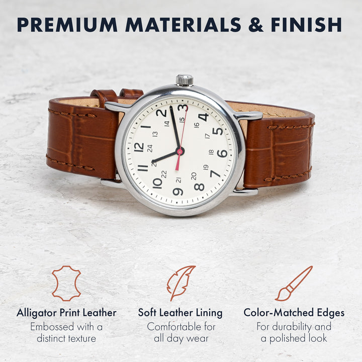 Watch with brown alligator print leather strap on a light gray background #color_tan