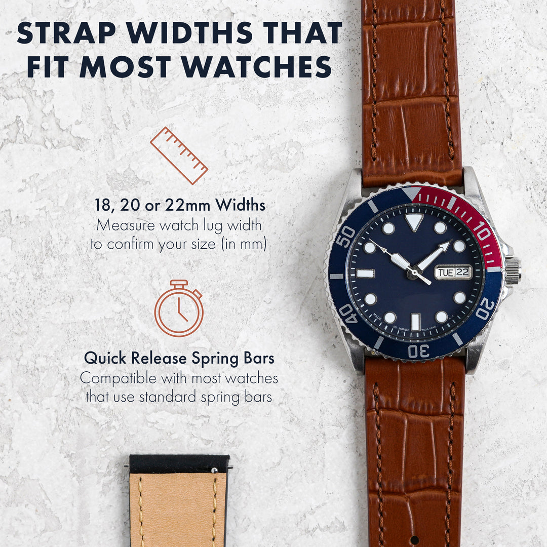 Watch with brown strap and blue face on a light gray background, with text about strap widths. #color_tan