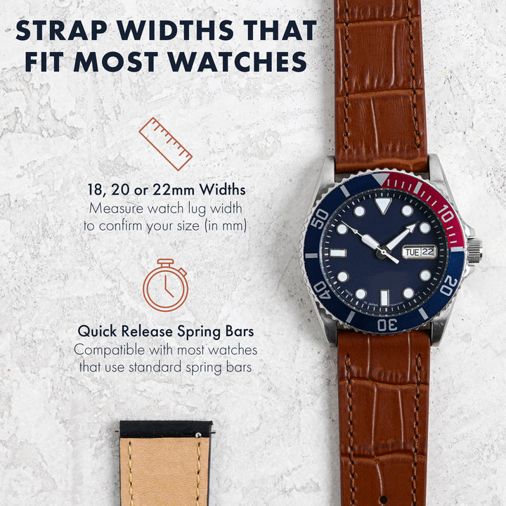 Watch with brown strap and blue face on a light gray background, with text about strap widths. #color_tan