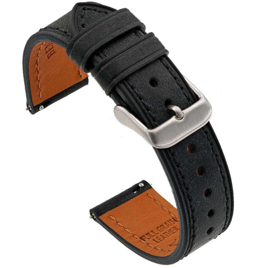 Black leather watch strap with brown leather end piece on a white background #color_black