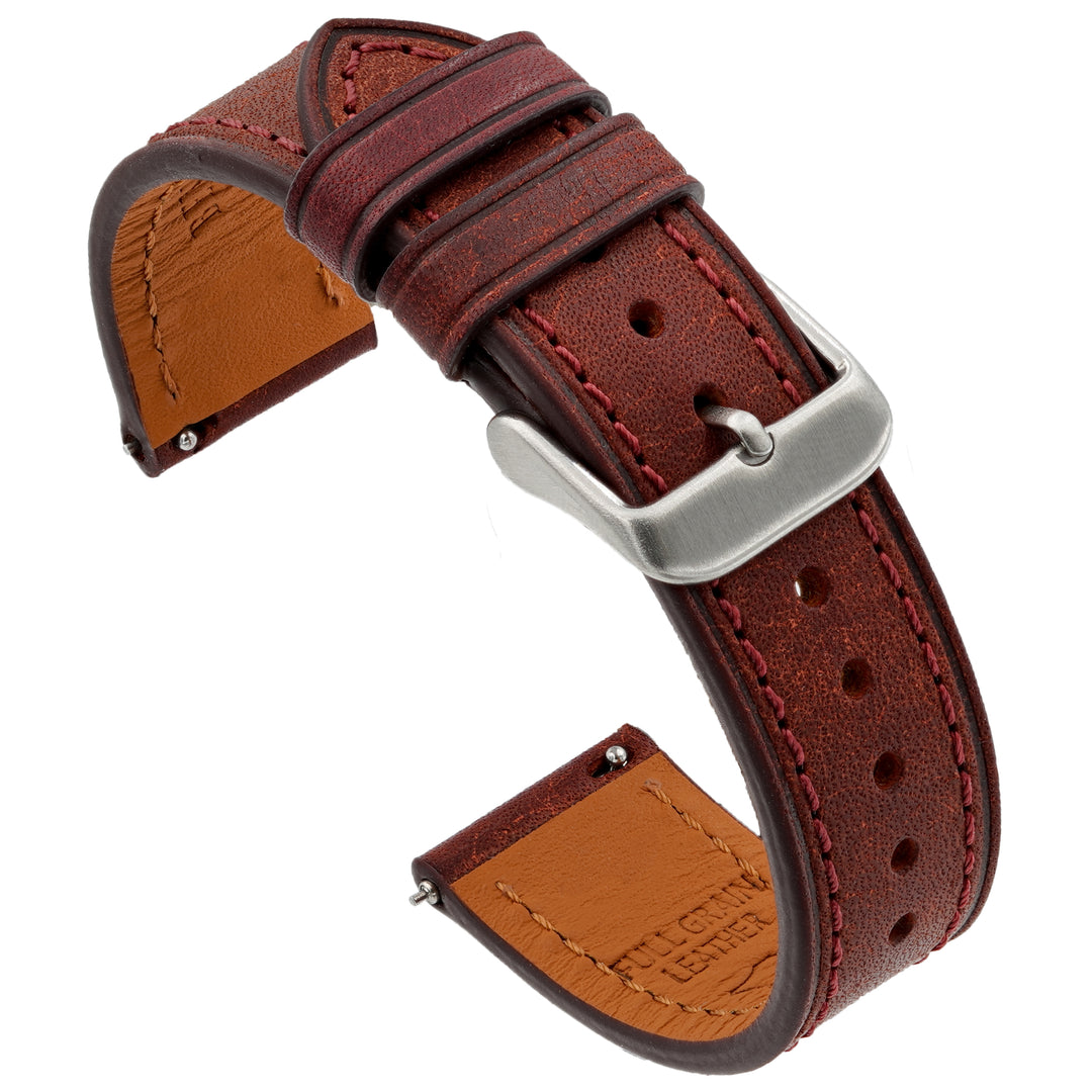 burgundy leather watch strap with silver buckle on a white background #color_burgundy