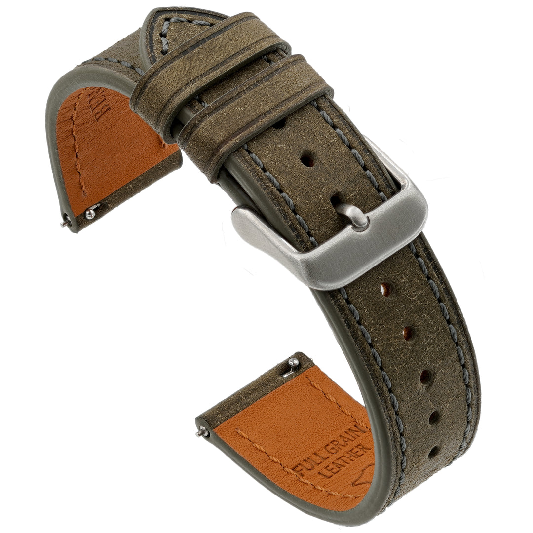 Grey leather watch strap with silver buckle on a white background #color_grey