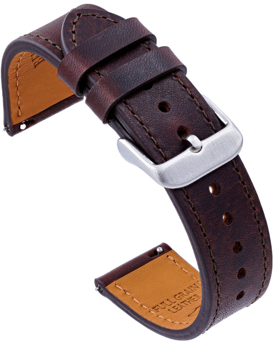 Brown leather watch strap with silver buckle on a white background #color_dark-brown