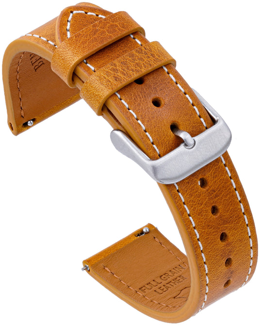 Brown leather watch strap with silver buckle on a white background #color_yellow