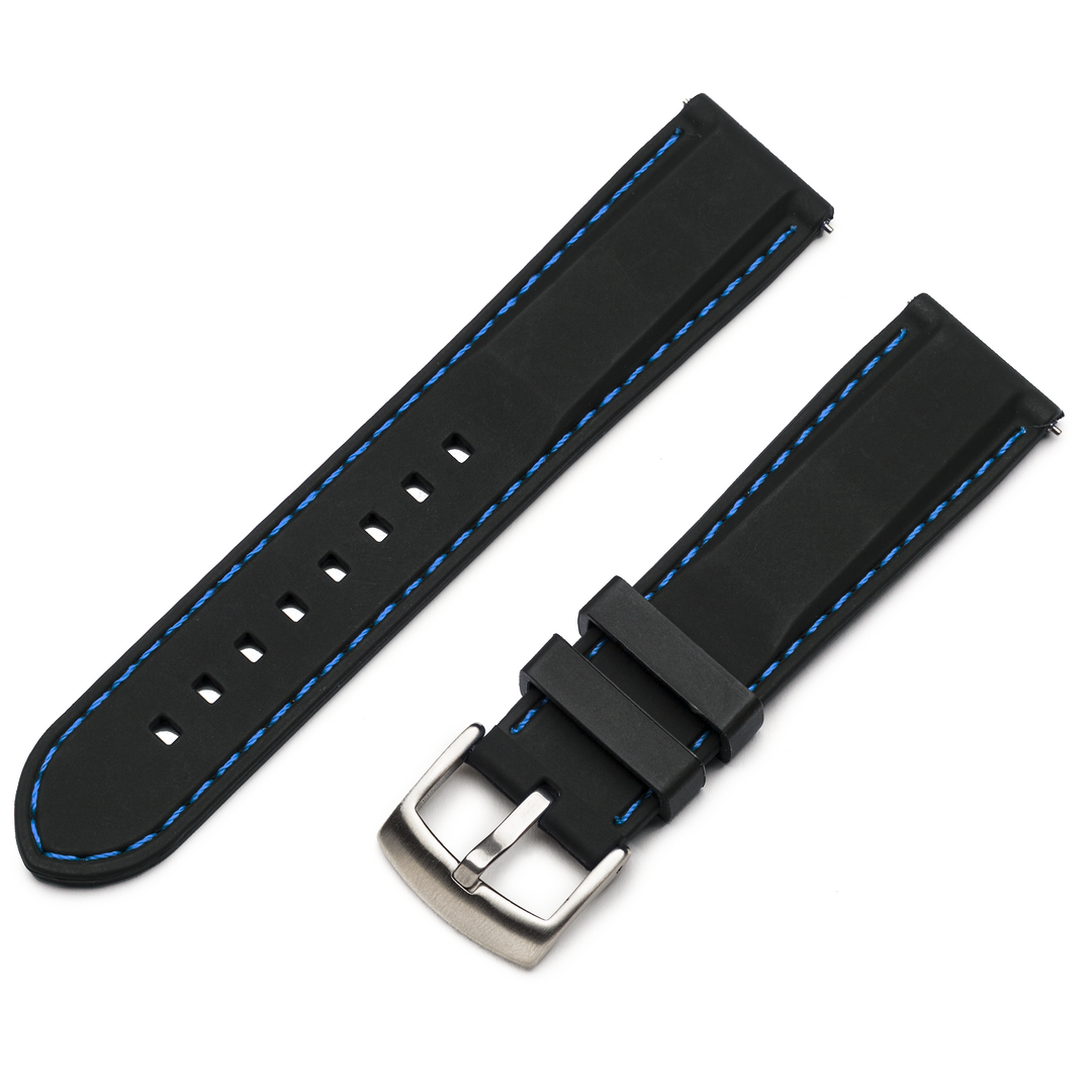 Black watch strap with blue stitching and silver buckle on a white background #color_black-with-blue-stitching