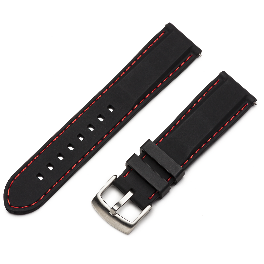 Black watch strap with red stitching and silver buckle on a white background #color_black-with-red-stitching