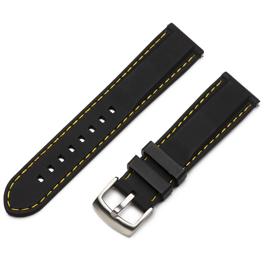 Black watch strap with yellow stitching and silver buckle on a white background #color_black-with-yellow-stitching