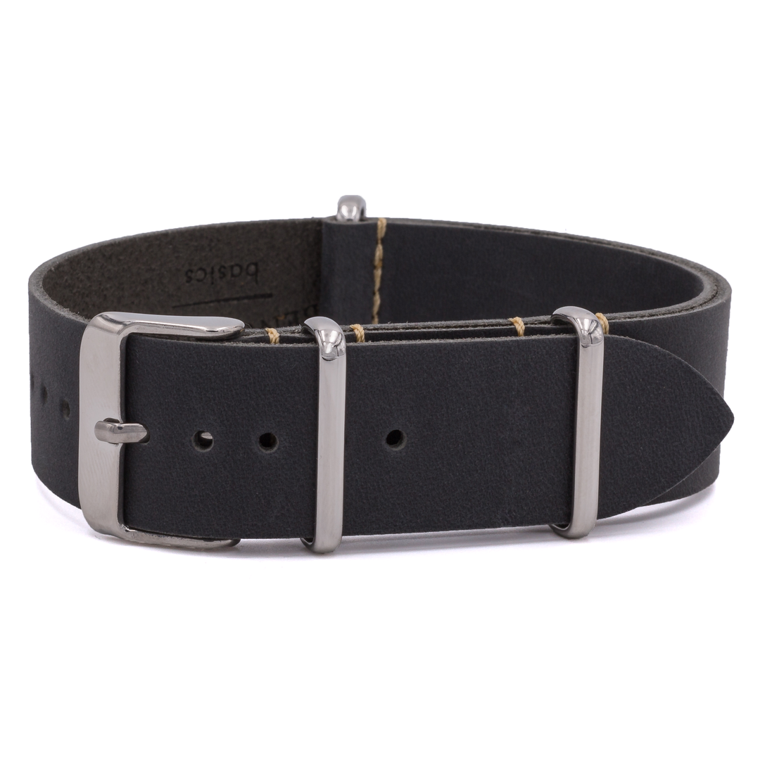 Black leather belt with silver buckle on a white background #color_grey