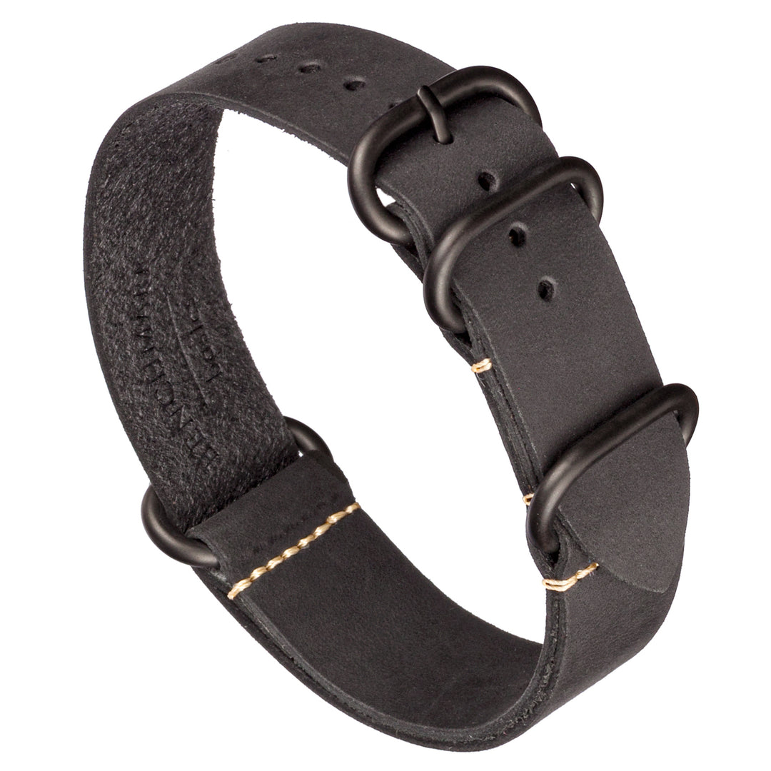 Grey watch strap with gold stitching on a white background #color_grey-pvd