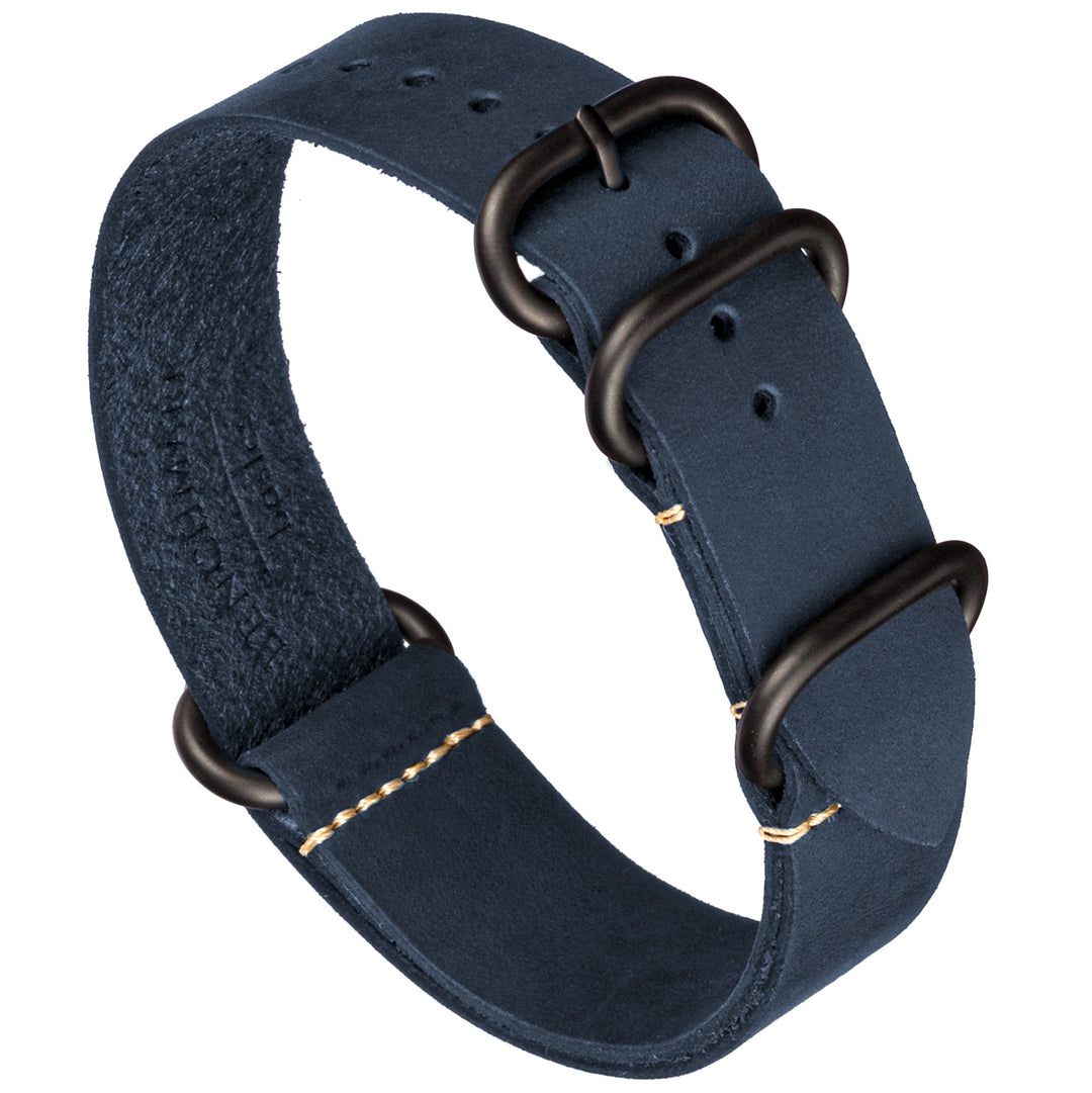 Navy blue watch strap with black buckle on a white background #color_navy-blue-pvd