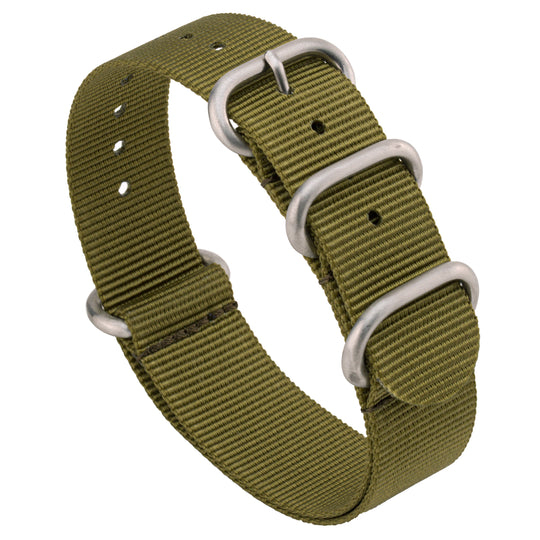 Green ballistic nylon watch band with three brushed stainless-steel rings #color_army-green