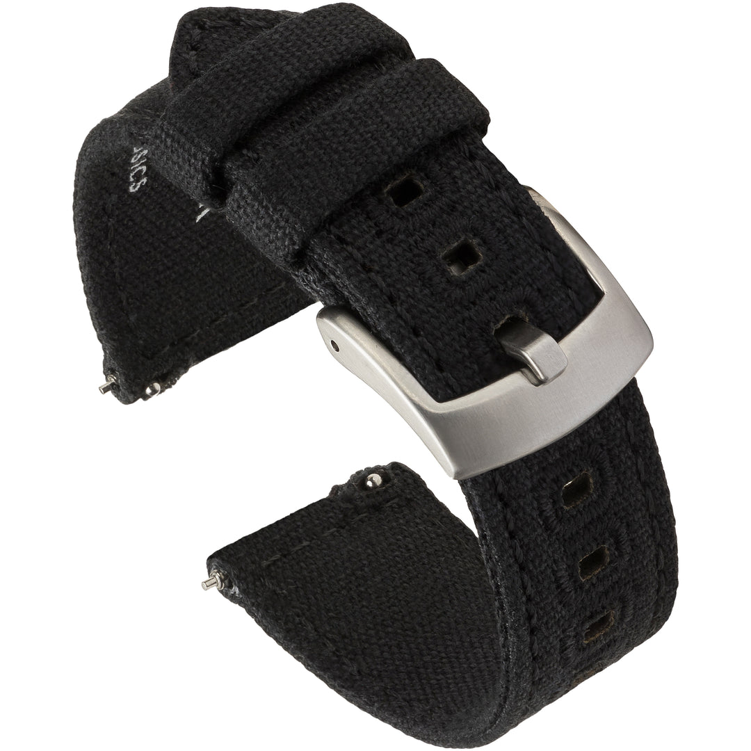 Black canvas watch band with a silver brushed stainless steel buckle, showcasing the quick release spring bars and the buckle end. #color_black