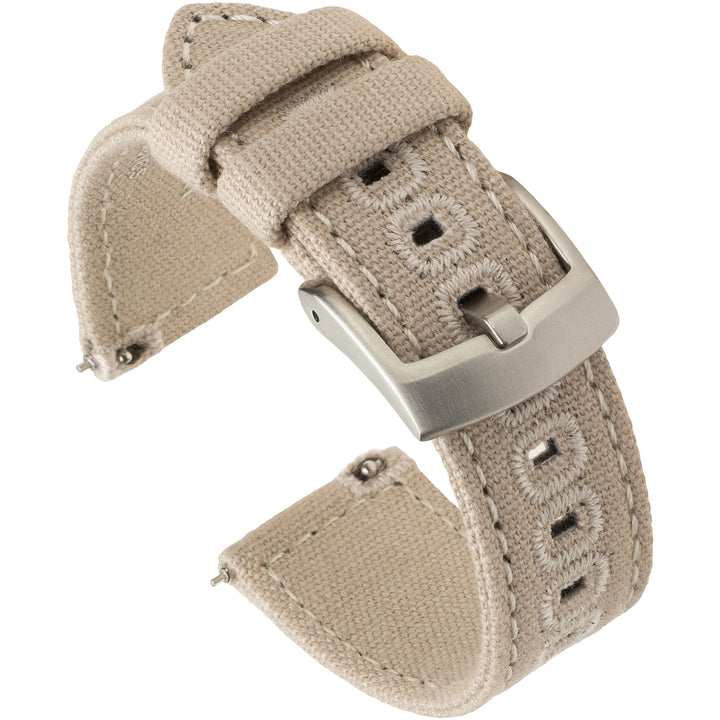 A khaki tan cotton watch band with a brushed stainless steel buckle. #color_khaki-tan