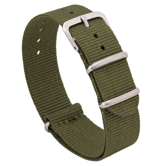 A green ballistic nylon watch strap with a stainless steel buckle. #color_army-green