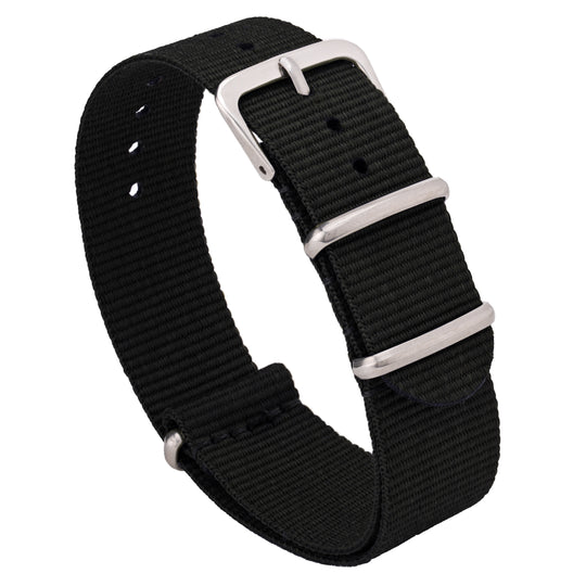 A black ballistic nylon watch strap with a stainless steel buckle. #color_black