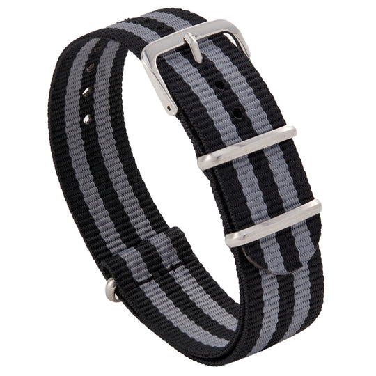 Black and grey striped ballistic nylon military slip-through watch band with stainless steel buckle #color_black-and-grey-regimental-striped