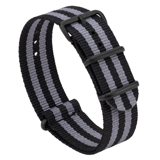 A black and grey striped ballistic nylon watch strap with a stainless steel buckle. #color_black-and-grey-regimental-striped-pvd