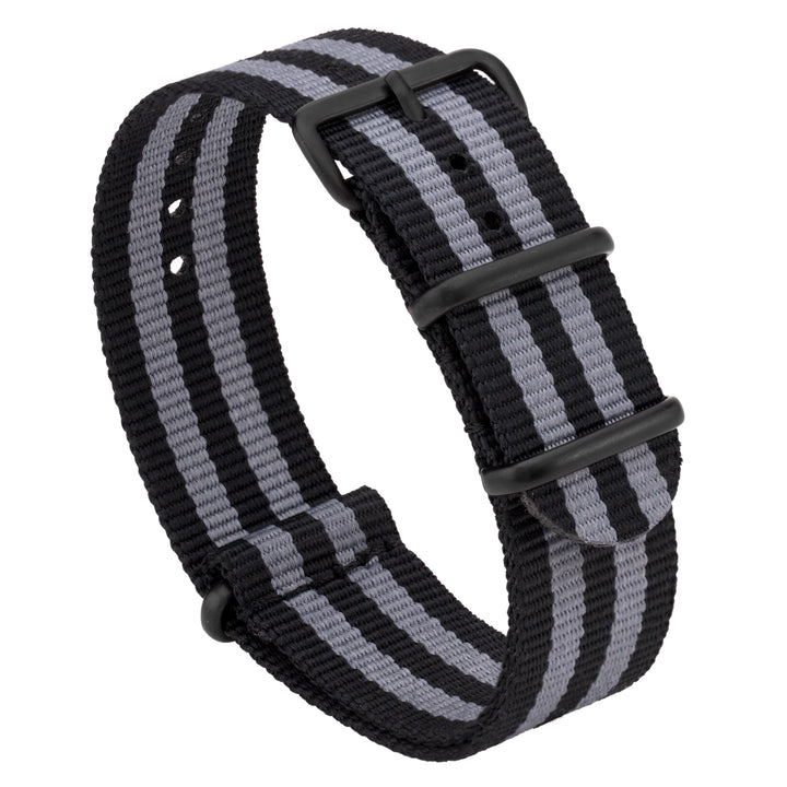 A black and grey striped ballistic nylon watch strap with a stainless steel buckle. #color_black-and-grey-regimental-striped-pvd