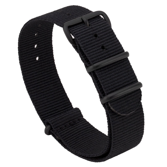 A black ballistic nylon watch strap with a PVD-coated stainless steel buckle. #color_black-pvd