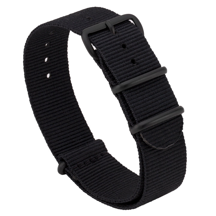 A black ballistic nylon watch strap with a PVD-coated stainless steel buckle. #color_black-pvd