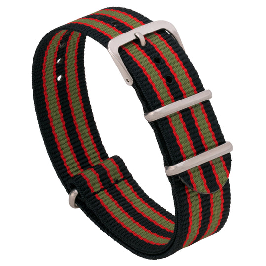 A black, red, and green striped ballistic nylon watch strap with a stainless steel buckle. #color_black-red-and-green-regimental-striped