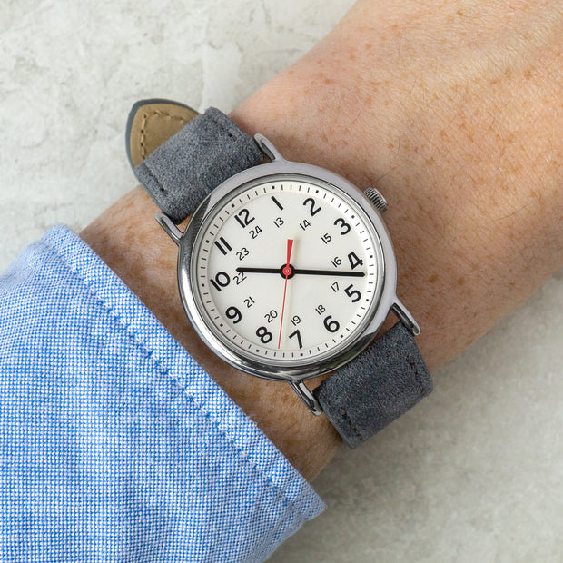 Grey Quick Release Suede Watch Band on Watch on Wrist
