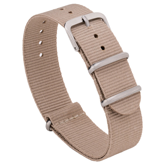 A khaki tan ballistic nylon watch strap with a silver stainless steel buckle. #color_khaki-tan