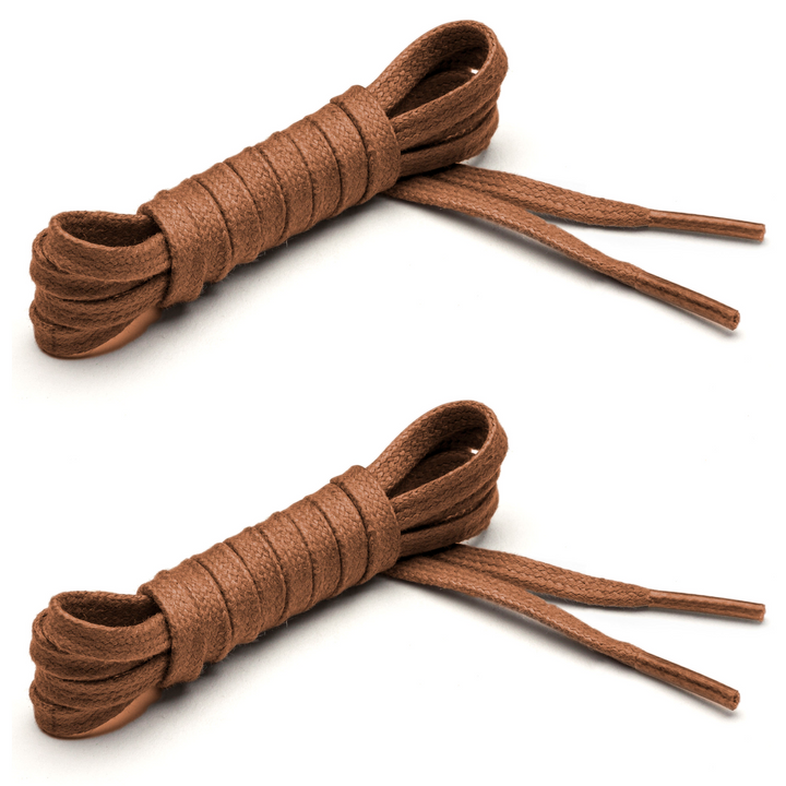 Two pairs of flat waxed cotton shoelaces with clear aglets, displayed on a white background. #color_walnut