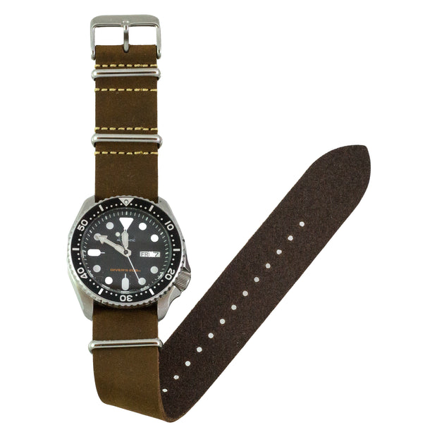 dark-brown-oiled-leather-nato-watchband-on-watch