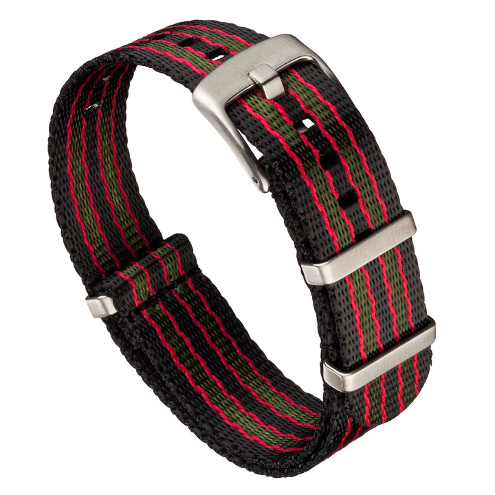 Seat Belt Nylon Slip-Through | Black, Red & Green Striped