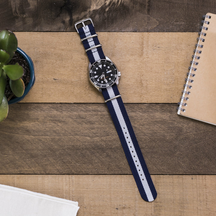 navy-blue-white-ballistic-nylon-nato-watchband-on-watch