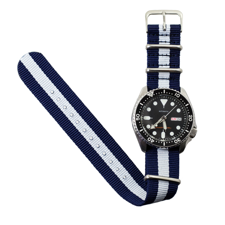 navy-blue-white-ballistic-nylon-nato-watchband-on-watch
