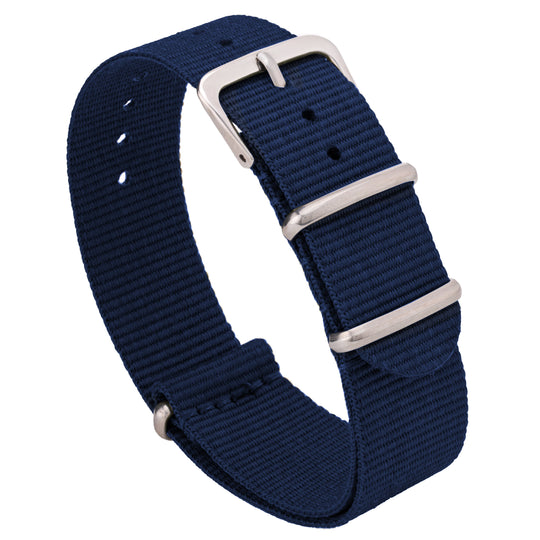 A navy blue ballistic nylon watch strap with a silver stainless steel buckle. #color_navy-blue