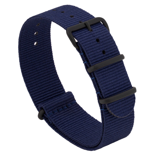 A navy blue ballistic nylon watch strap with a black stainless steel buckle. #color_navy-blue-pvd