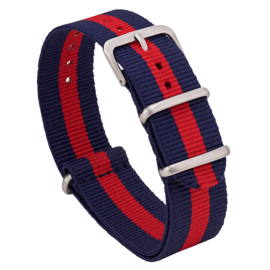 A navy and red striped ballistic nylon watch strap with a silver stainless steel buckle. #color_navy-blue-and-red-striped