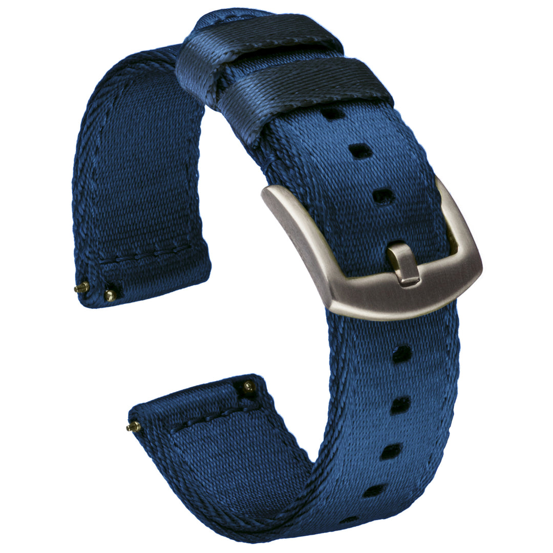 Navy blue seat belt nylon watch band with a quick release spring bar and a silver buckle. #color_navy-blue