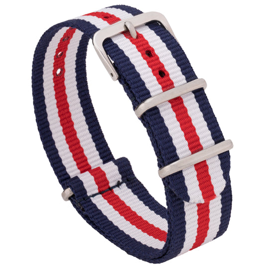 A nylon watch strap with red, white, and blue stripes, featuring a stainless steel buckle. #color_red-white-and-blue-regimental-striped
