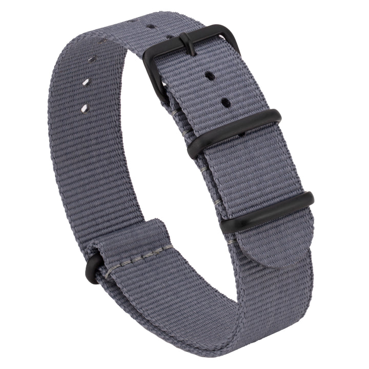 A slate grey ballistic nylon watch strap with a PVD-coated stainless steel buckle. #color_slate-grey-pvd