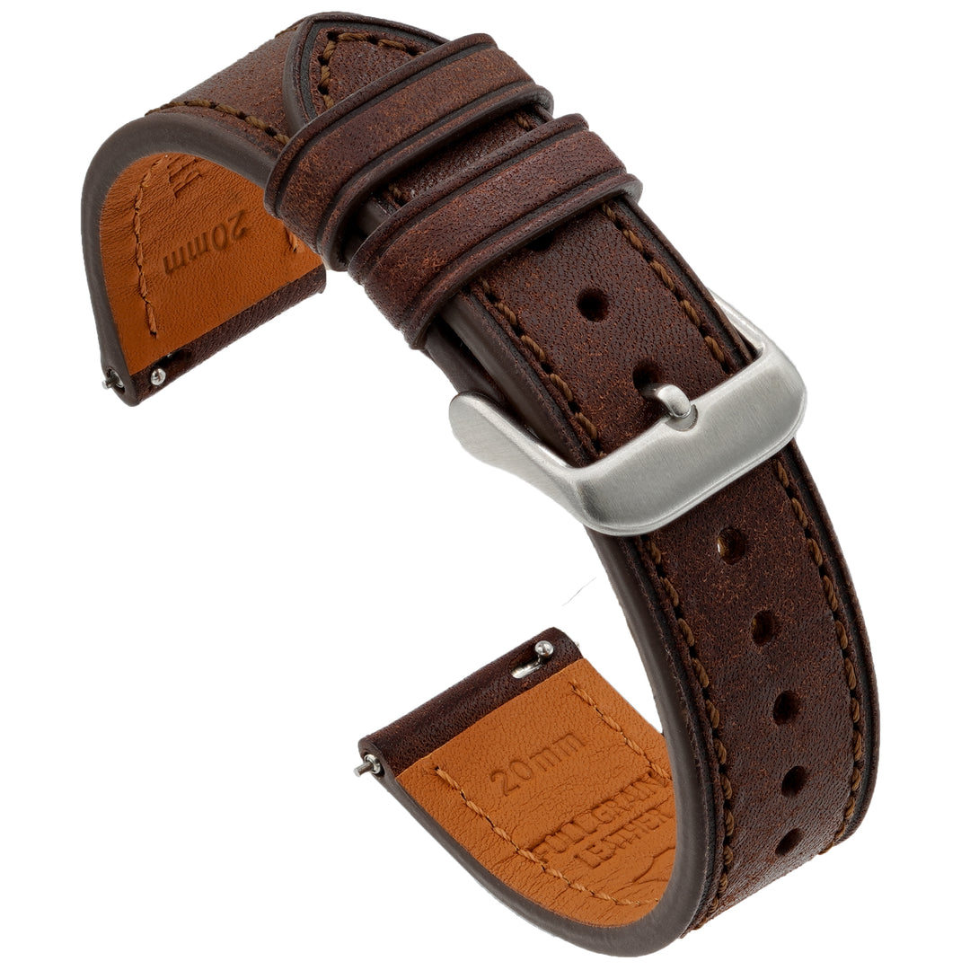 A dark brown leather watch band with a quick release spring bar and a matte stainless steel buckle. #color_dark-brown