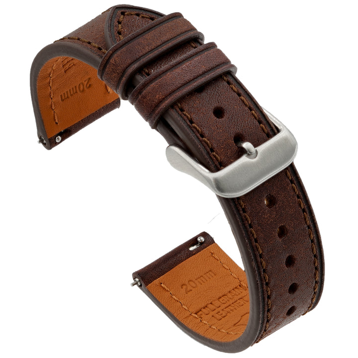A dark brown leather watch band with a quick release spring bar and a matte stainless steel buckle. #color_dark-brown