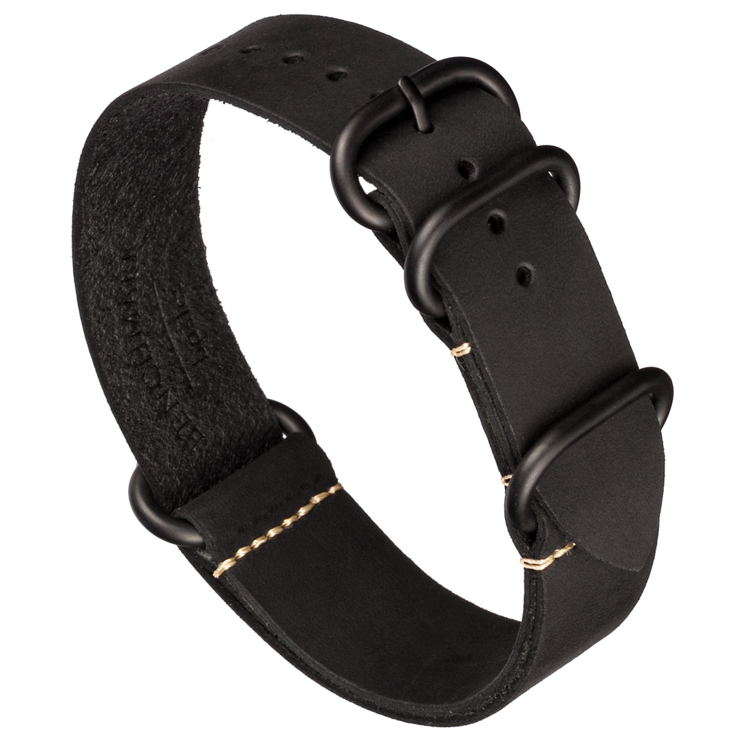 A black oil-tanned leather watch strap with a Zulu slip-through design and stainless steel hardware. #color_black-pvd