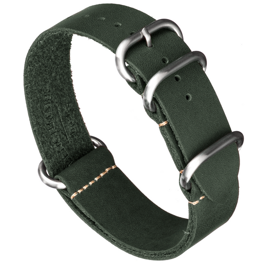 A dark green oil-tanned leather watch strap with a slip-through design and brushed stainless steel hardware. #color_green